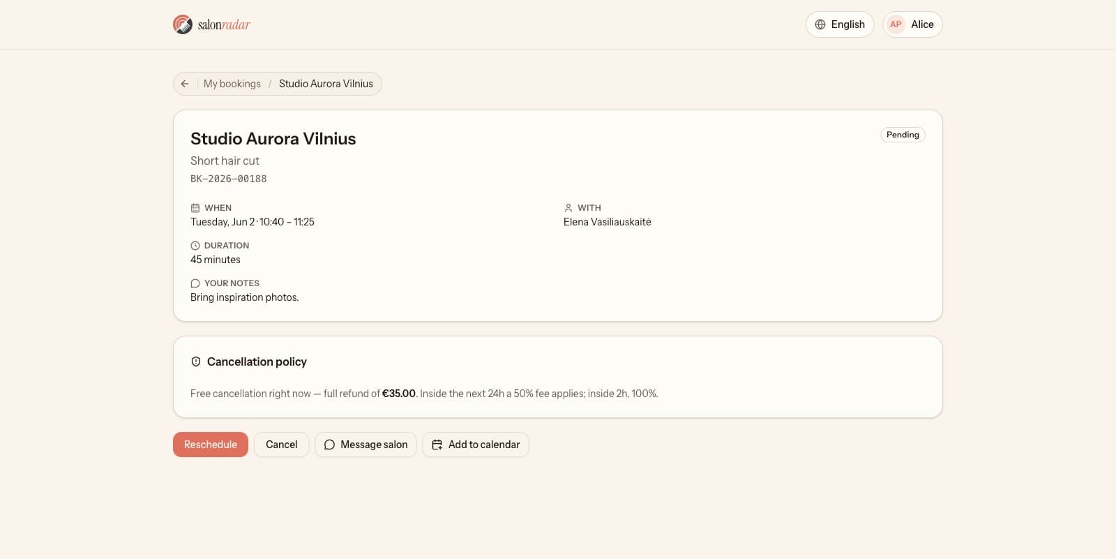 SalonRadar customer booking detail showing the appointment, cancellation policy and actions