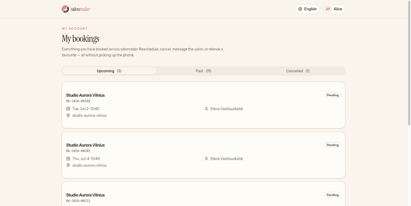 SalonRadar customer area listing a client's upcoming and past bookings