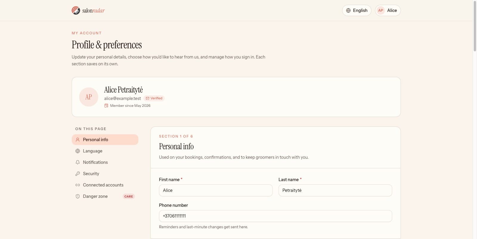 SalonRadar customer profile and account settings page