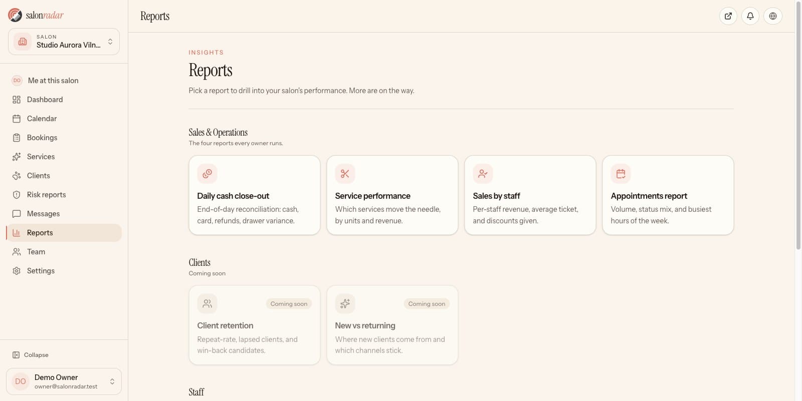 SalonRadar appointments report with completion rate, no-show rate and a daily status chart