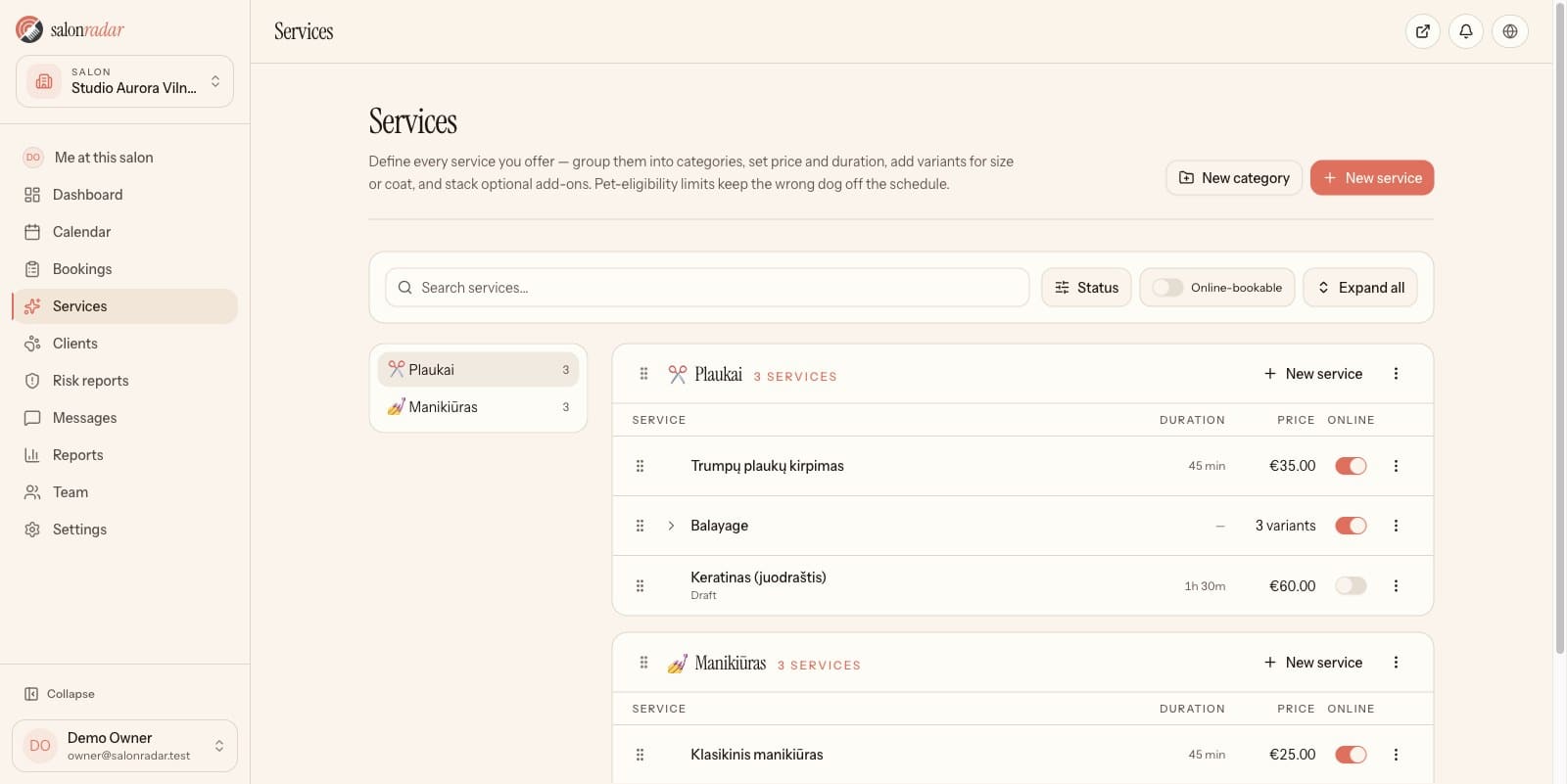 SalonRadar services catalogue with categories, prices, durations and online-booking toggles