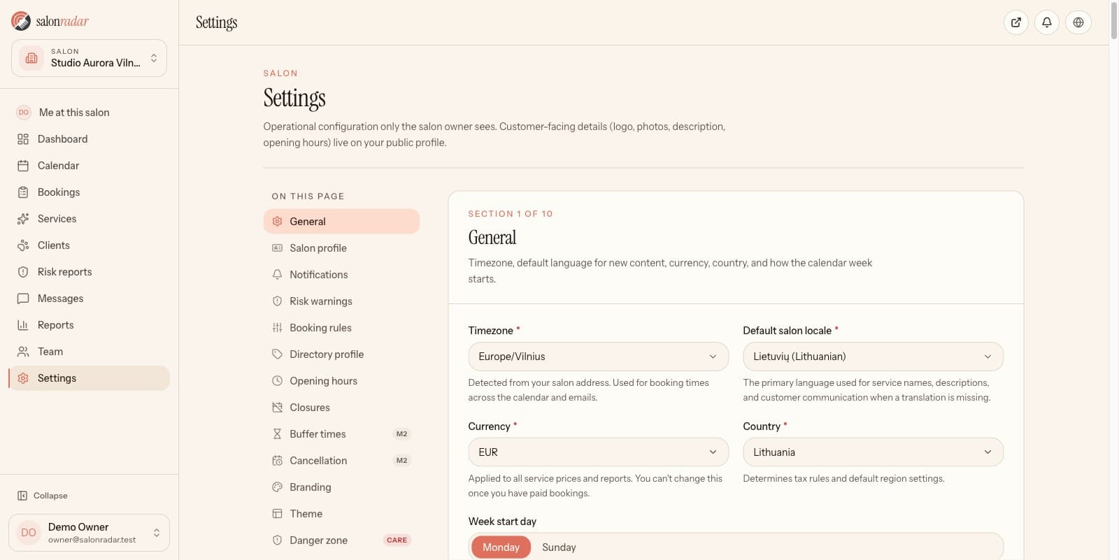 SalonRadar salon settings showing timezone, currency, language and opening hours