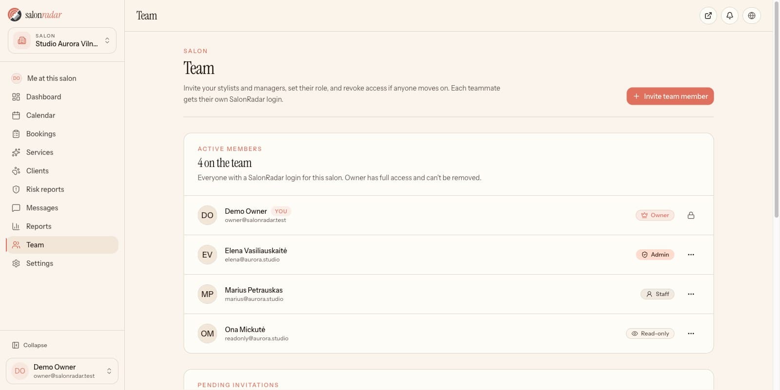 SalonRadar team page listing salon members with their roles and permissions